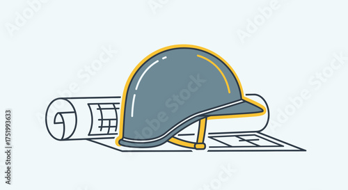 Gray Construction Helmet with Yellow Trim on Rolled Blueprint