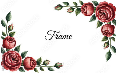 Elegant floral frame with vibrant red roses and lush green leaves, perfect for wedding invitations and romantic designs