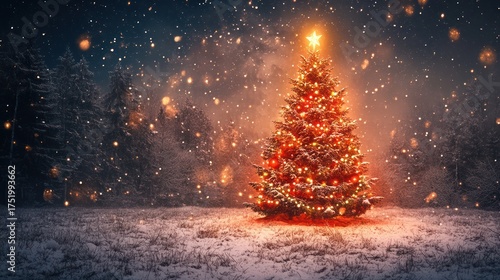 Illuminated Christmas tree in snowy forest