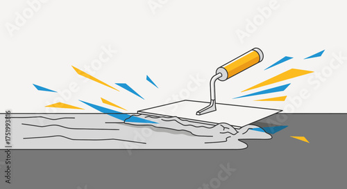 Trowel Spreading Wet Cement with Blue and Yellow Splashes