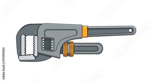 Cartoon illustration of a grey metal pipe wrench with orange accents and serrated jaws.