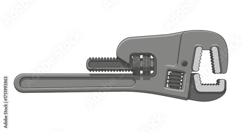 Cartoon-style gray adjustable pipe wrench with serrated jaws and adjustment screw.