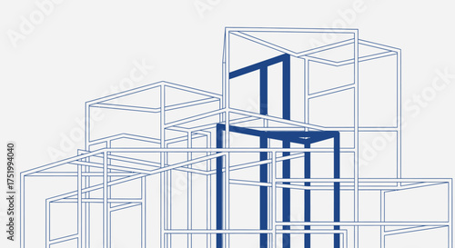 Abstract Blue Wireframe Architectural Structure with Geometric Forms