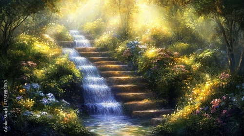 Sunlight Path Steps Waterfall Garden Paradise