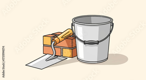 Cartoon Bricklaying Tools: Bricks, Trowel, and Metal Bucket Illustration