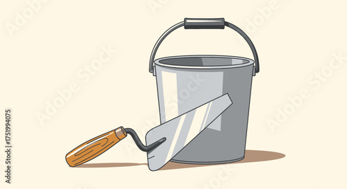 Metal bucket and trowel for construction and DIY tasks