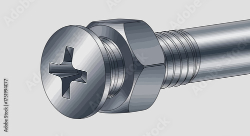 Metallic Screw with Nut and Phillips Head, Close-Up View