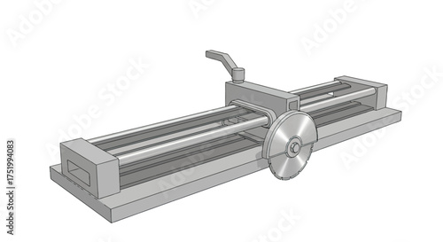 Grey industrial linear cutting machine with sharp circular saw blade and guide rails