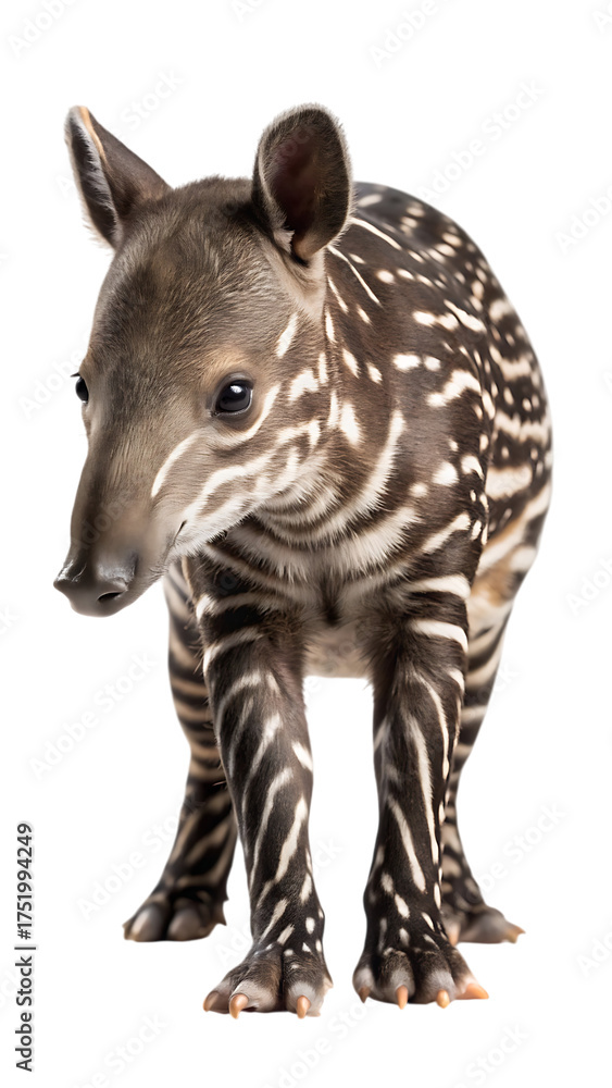 Fototapeta premium Adorable baby tapir with striped coat walking isolated view of young wild animal