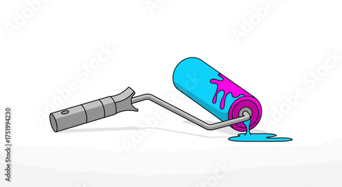 Cartoon Paint Roller with Blue and Pink Paint Splatters Design