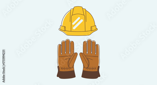 Yellow Hard Hat and Brown Leather Work Gloves Set