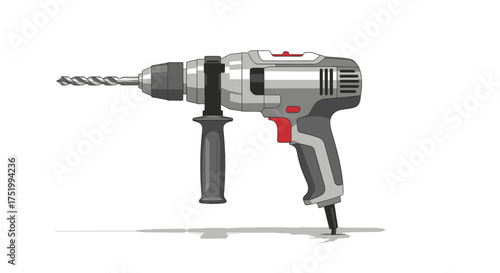 Modern Grey and Red Power Drill with Spiral Bit and Auxiliary Handle