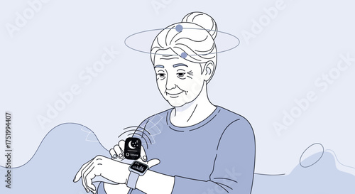 Elderly woman checking smartwatch with sleep tracking app
