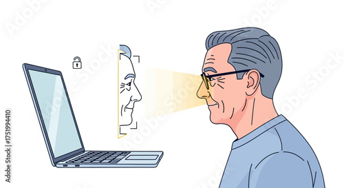 Older man's face scanned by laptop for secure biometric authentication, digital security concept.