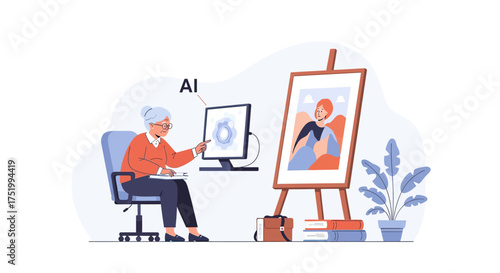 Senior Woman Interacting with AI on Computer, Creating Art