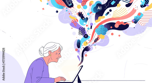 Elderly woman with white hair engaging with a tablet, colorful abstract AI concepts flowing