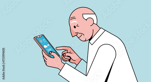 Elderly Man Interacting with Weather App on Smartphone Device