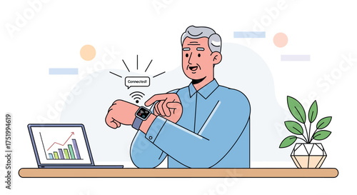 Senior Man Interacting with Smartwatch Displaying "Connected!" Message