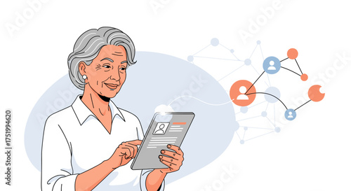 Smiling elderly woman with gray hair using a tablet device