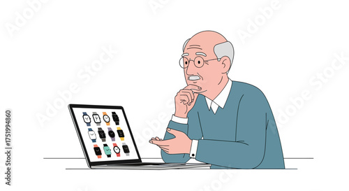 Senior Man Contemplating Watch Selection on Laptop Screen