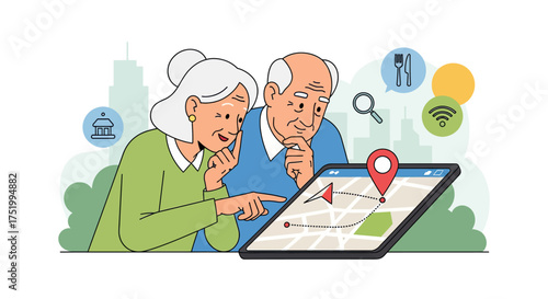 Illustrated senior couple navigating digital map on tablet, woman pointing, man observing thoughtfully.