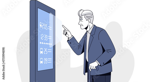 Elderly man in suit interacting with a digital bus schedule display, pointing at the screen.