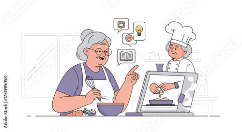 Elderly woman learning to cook from online tutorial with chef