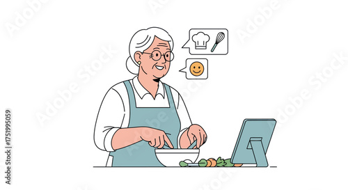 Smiling Elderly Woman Cooking with Tablet Recipe Online