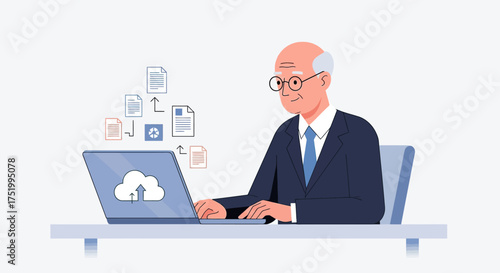 Elderly businessman in suit using laptop for cloud data management