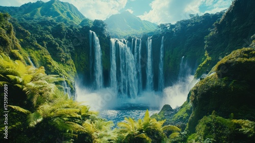 Lush jungle waterfall cascades, mountains backdrop, travel brochure