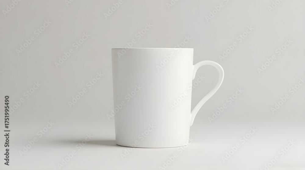 Obraz premium Sleek white mug on a calming neutral backdrop presents a clean aesthetic, perfect for showcasing branding, logos, or beverage concepts in minimalist marketing campaigns