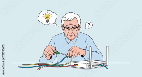 Elderly man with glasses and white hair trying to fix a Wi-Fi router with a screwdriver, looking confused.
