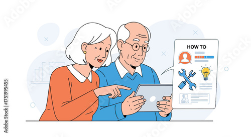 Senior Couple Using Tablet with "How To" Guide, Digital Literacy
