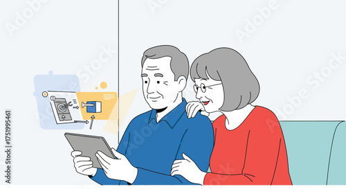 Smiling senior couple, grey hair, man in blue, woman in red, using tablet, interacting with digital interface.