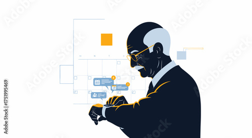 Elderly man in dark suit and glasses checking smartwatch, modern flat illustration style.