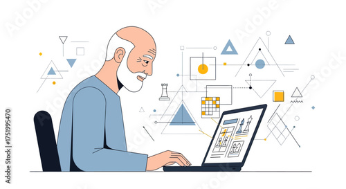 Elderly Man Playing Chess Online on Laptop with Geometric Shapes