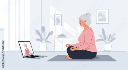 Calm elderly woman with grey hair meditating in lotus pose, wearing pink top, serene expression.