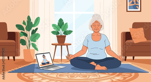 Elderly Woman Meditating in Lotus Position, Practicing Yoga at Home