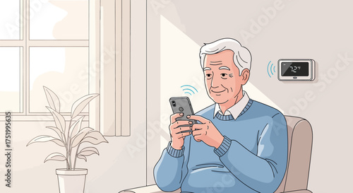 Smiling Senior Man Using Smartphone to Adjust Smart Thermostat, Modern Technology Integration