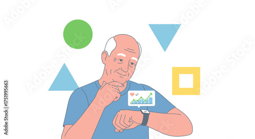 Senior Man Checking Health Data on Smartwatch with Positive Graph