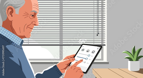 Illustrated senior man with grey hair using a tablet for smart home automation control.