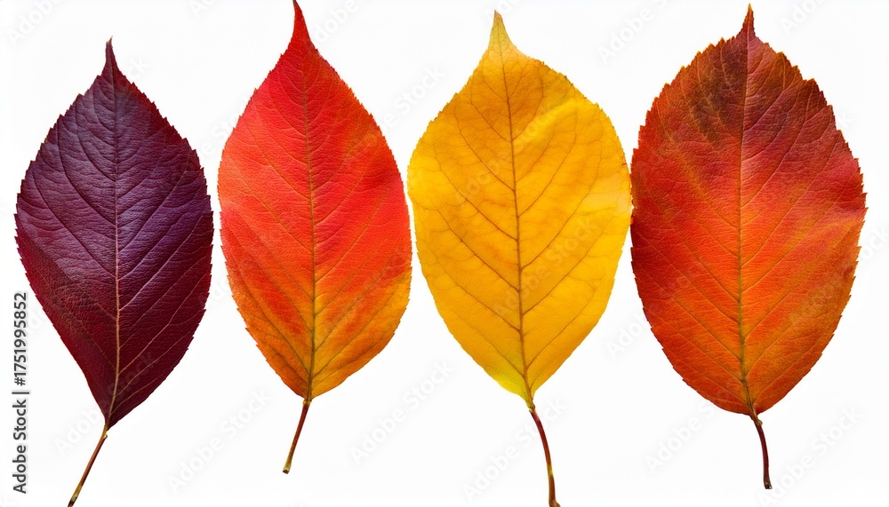 Fototapeta premium Isolated Fall Leaves In A Spectrum Of Colors As A Scene Element Yellow Orange Red And Purple Leaves As Objects For Composite Photography