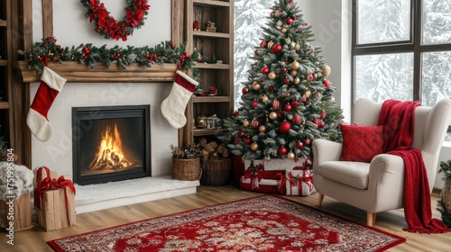 Cozy Christmas living room fireplace winter snow