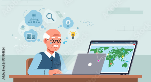 Emotional senior man with glasses researching family history on a laptop, with memory and idea icons.