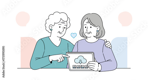 Two elderly women happily sharing digital photos on a tablet