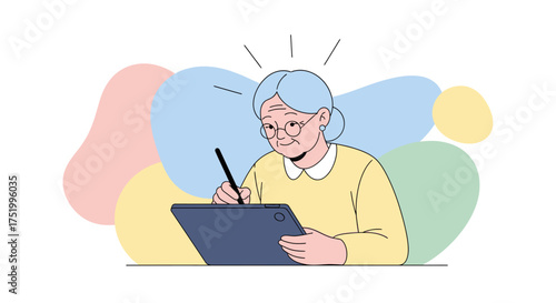 Elderly woman with blue hair using a digital drawing tablet and stylus