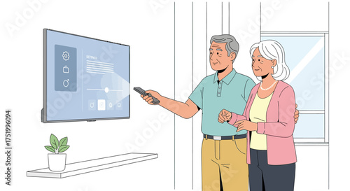Senior couple embracing while the man uses a remote control to adjust smart TV settings.