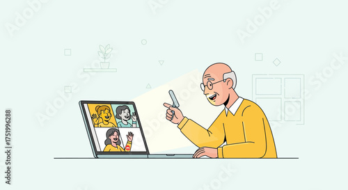 Elderly Man Engaged in a Cheerful Video Conference Call
