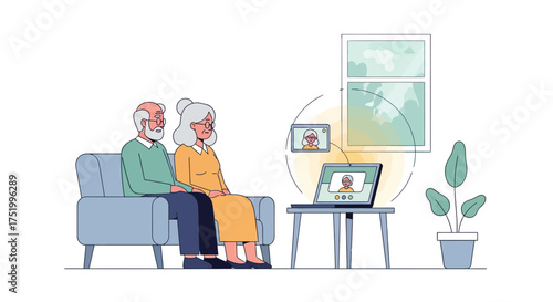 Elderly Couple Video Calling on Laptop, Maintaining Connection, Illustration