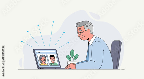 Smiling senior man with grey hair and glasses having a video conference on a laptop.